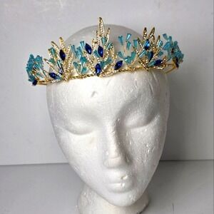 Aqua Blue Rhinestone Wedding Crown Bridal Gold Leaf Tiara Crown Headpiece Bridal